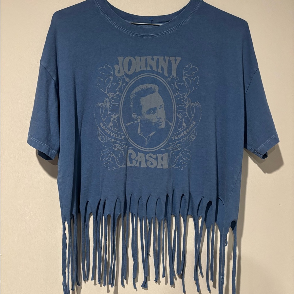 Tailgate Blue Johnny Cash Western Country Concert Graphic Fringe T-Shirt